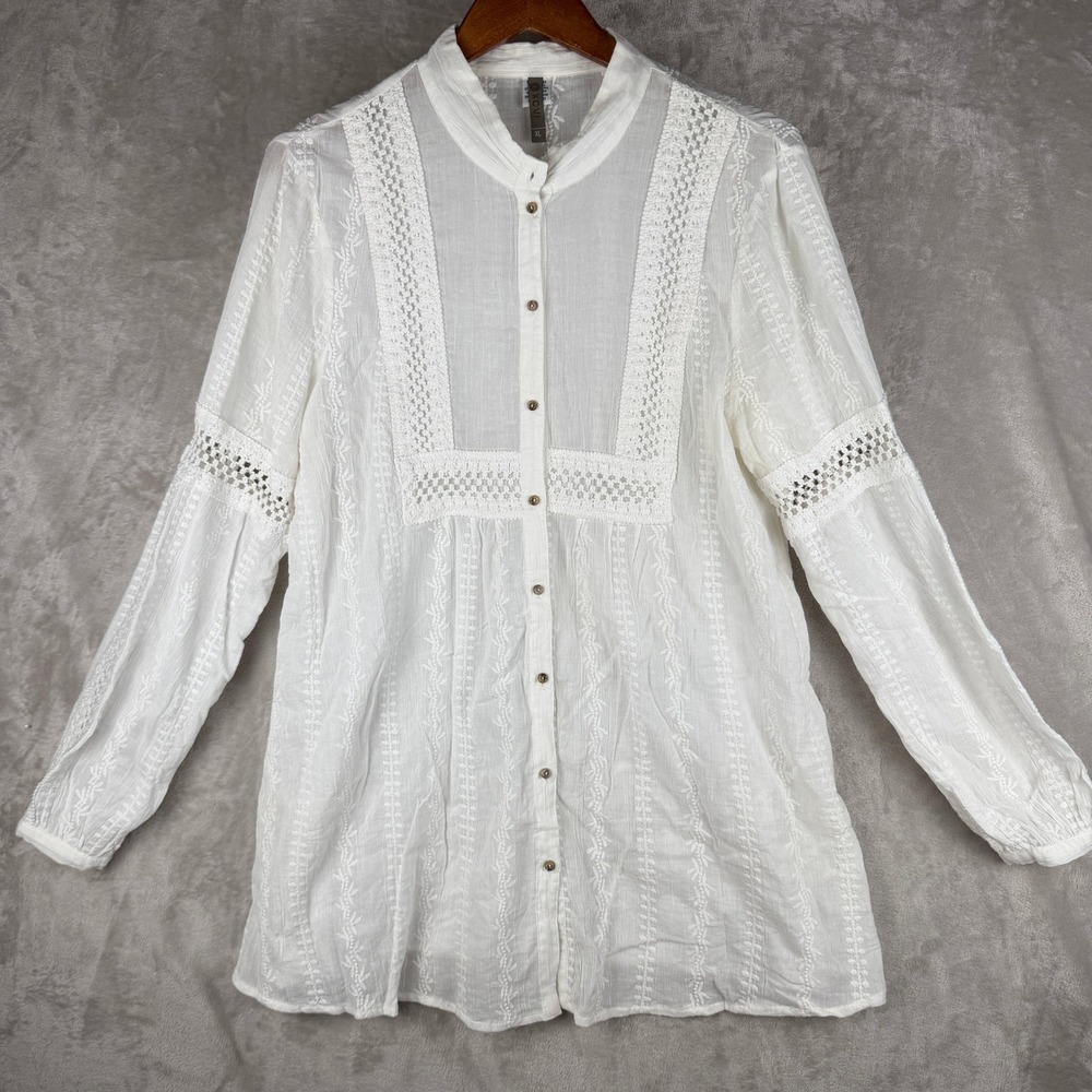 XCVI Womens White Cotton Gauze Crochet Lace Embroidered Tunic Top XL 10653RS